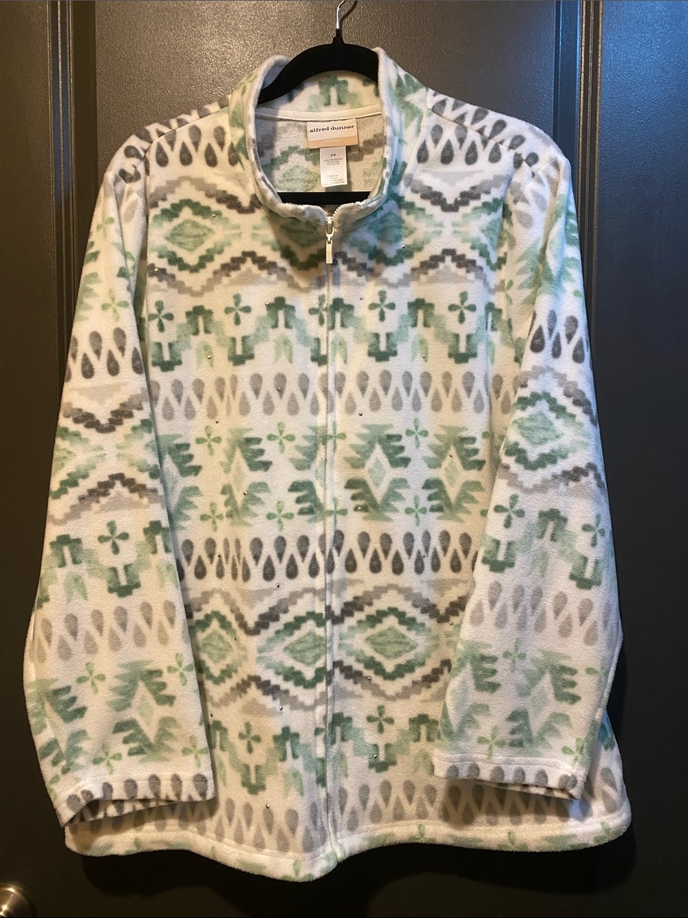 Alfred Dunner Mint Green and Light Gray Aztec Fleece Zip Jacket